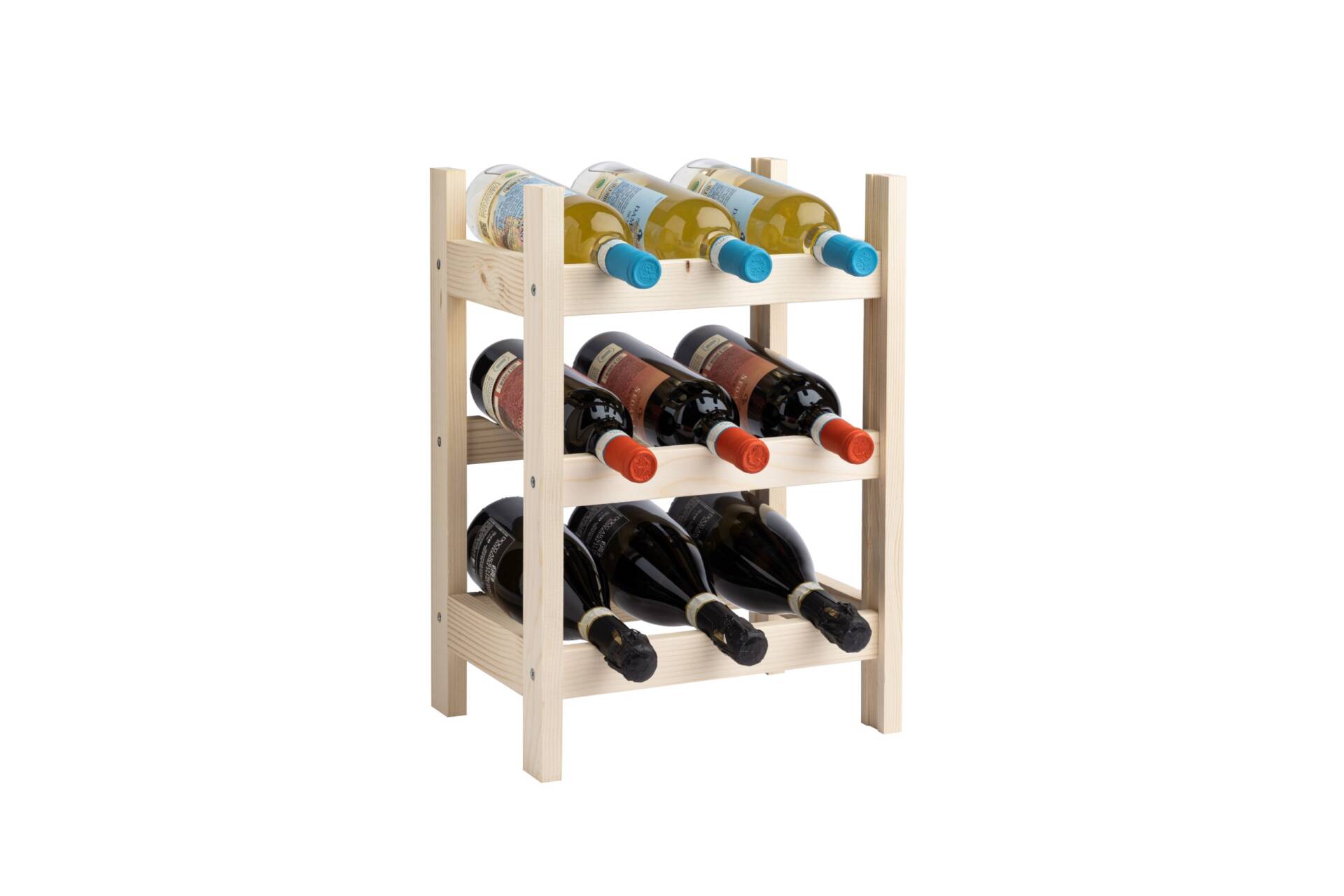 Weinregal aus Holz für 9 x 750 ml Flaschen - Außenmaße: 33,8X23X48